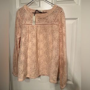 NWT Laffaire L Light Pink Eyelet Lace Lng Sleeve Blouse Cotton Cottagecore Women